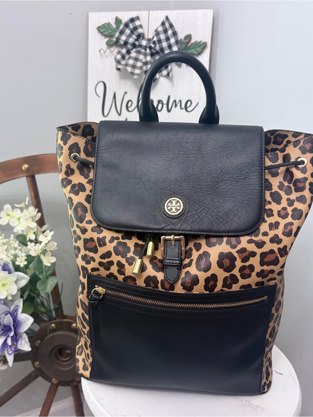 🖤🤎 TORY BURCH Leopard Print Backpack with Black Trim